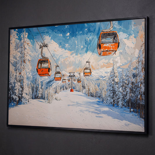Snowy Ski Resort with Orange Gondola Canvas shown in black floating frame