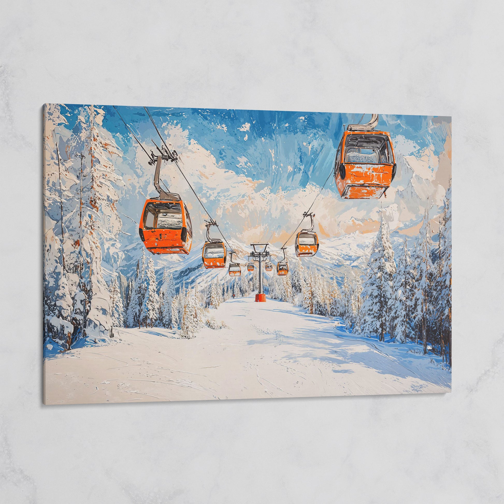 Snowy Ski Resort with Orange Gondola Canvas on gallery wrap