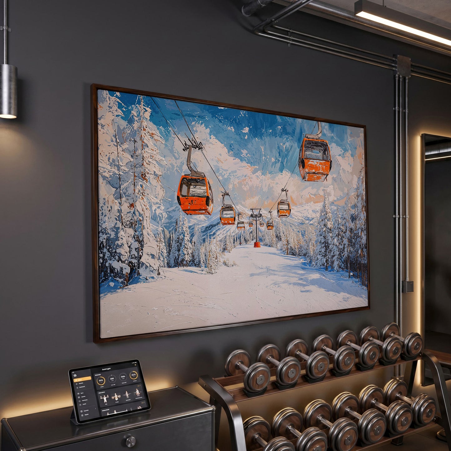 Snowy Ski Resort with Orange Gondola Canvas in dark walnut floating frame
