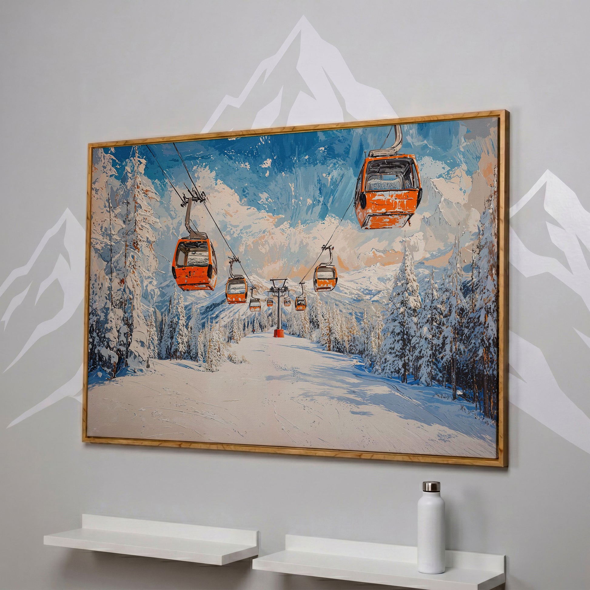 Snowy Ski Resort with Orange Gondola Canvas in white oak floating frame
