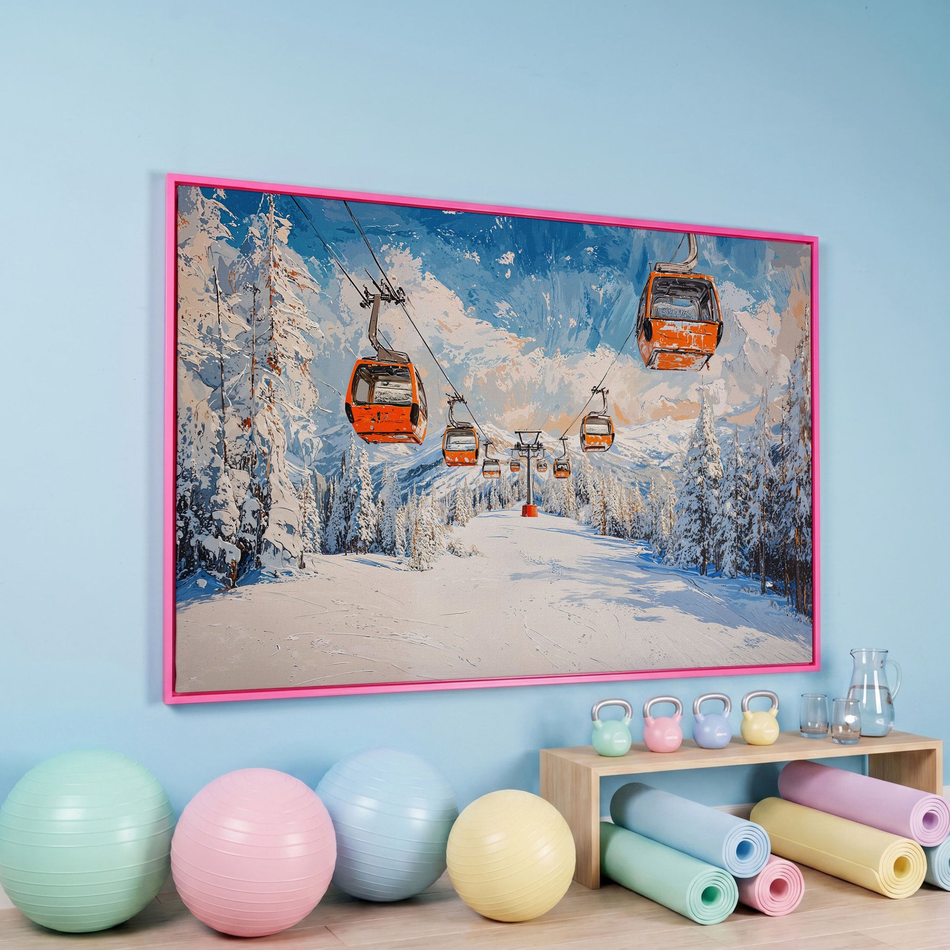 Snowy Ski Resort with Orange Gondola Canvas in pink floating frame