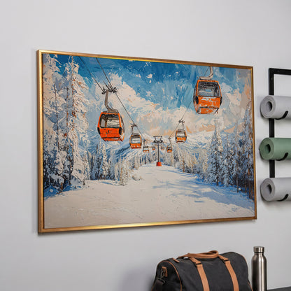 Snowy Ski Resort with Orange Gondola Canvas in rose gold floating frame