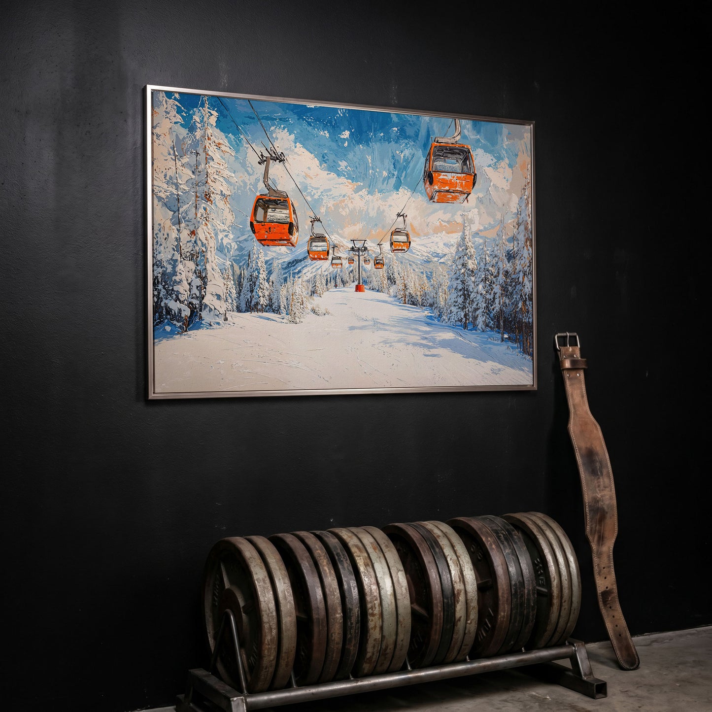 Snowy Ski Resort with Orange Gondola Canvas in silver floating frame