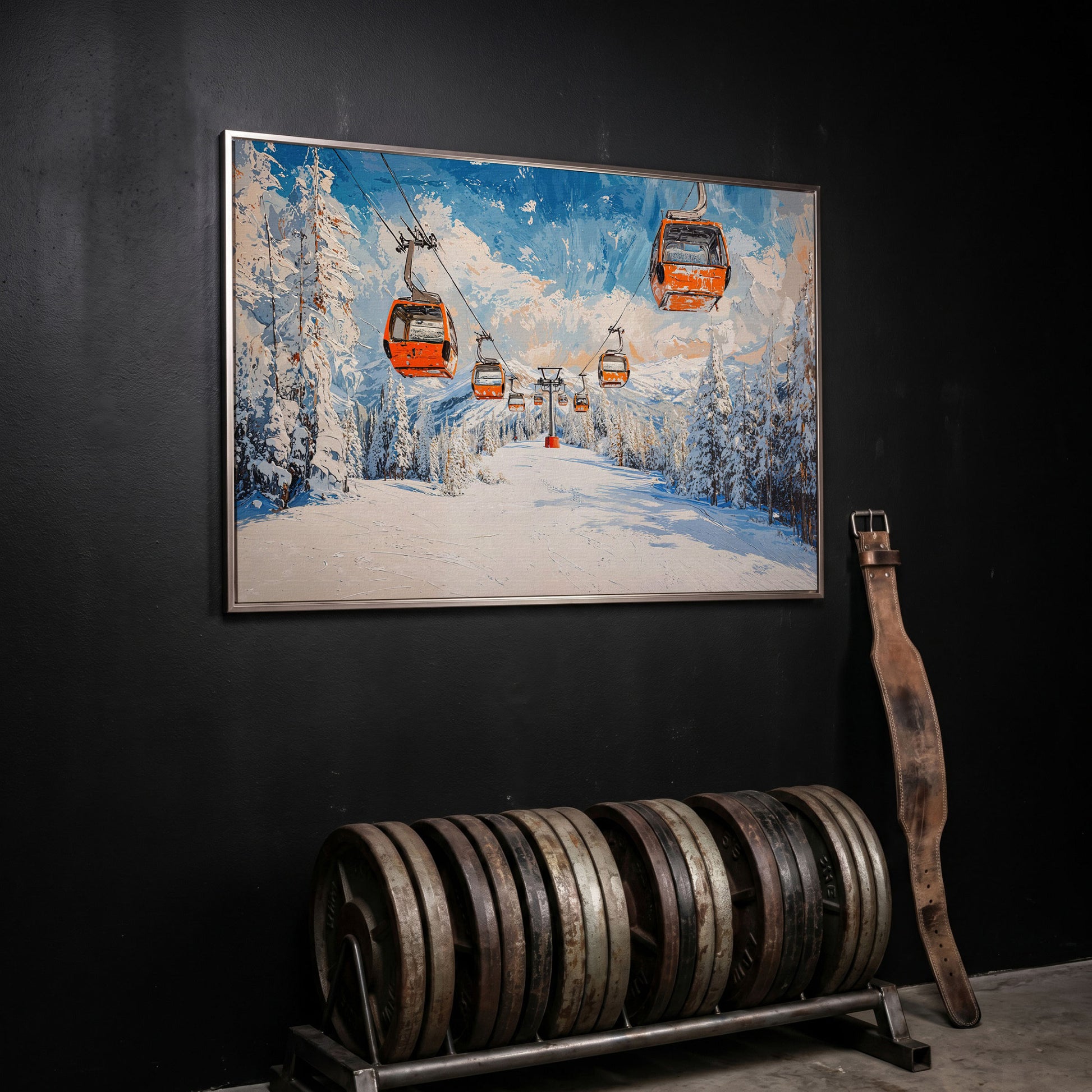 Snowy Ski Resort with Orange Gondola Canvas in silver floating frame
