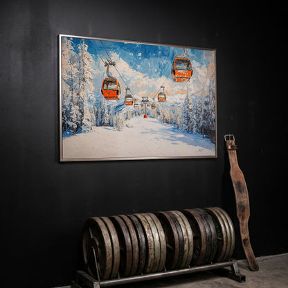 Snowy Ski Resort with Orange Gondola Canvas in silver floating frame