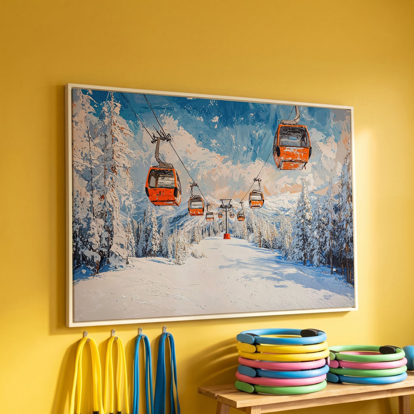 Snowy Ski Resort with Orange Gondola Canvas in white floating frame