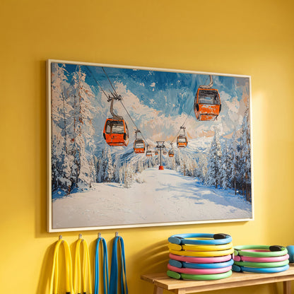 Snowy Ski Resort with Orange Gondola Canvas in white floating frame