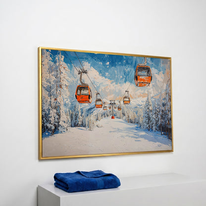 Snowy Ski Resort with Orange Gondola Canvas in yellow gold floating frame