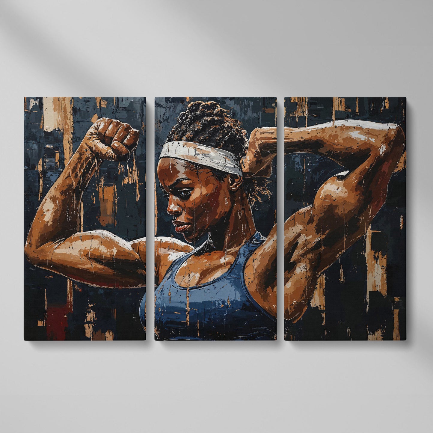 Muscular Woman Portrait Canvas Print as 3-panel split version
