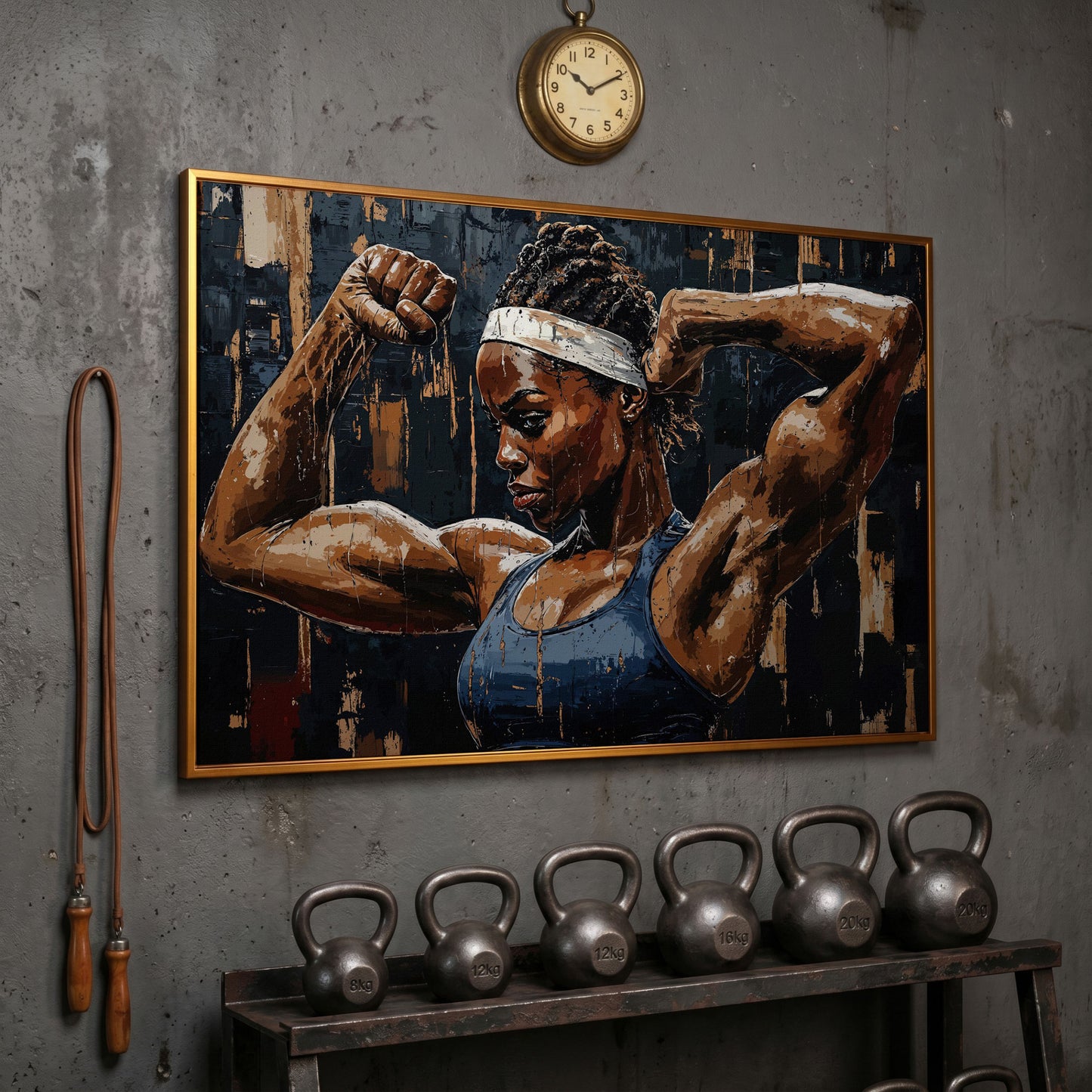 Muscular Woman Portrait Canvas Print in antique gold floating frame