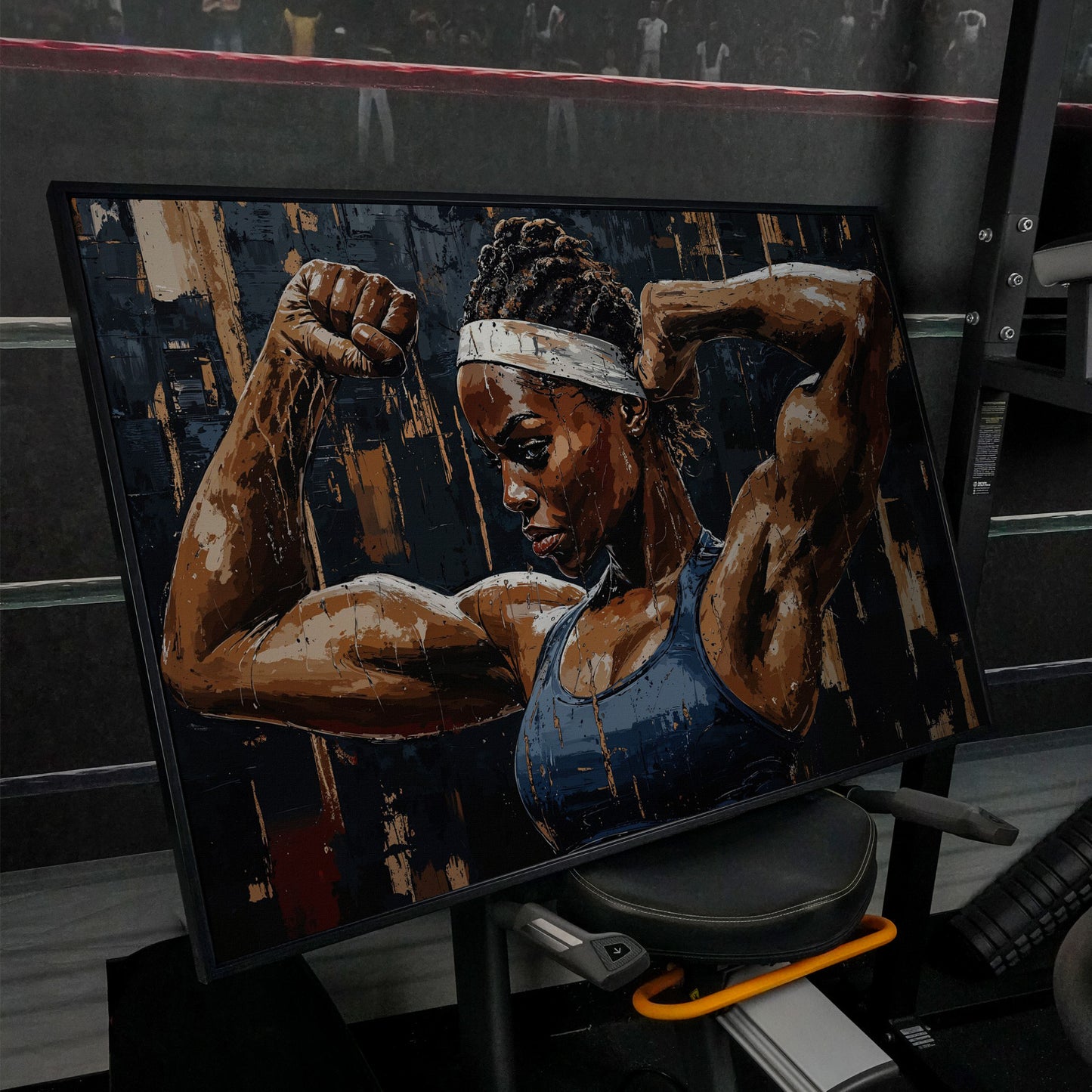 Muscular Woman Portrait Canvas Print in black floating frame