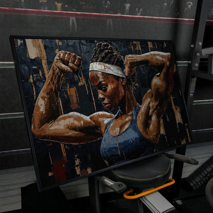 Muscular Woman Portrait Canvas Print in black floating frame
