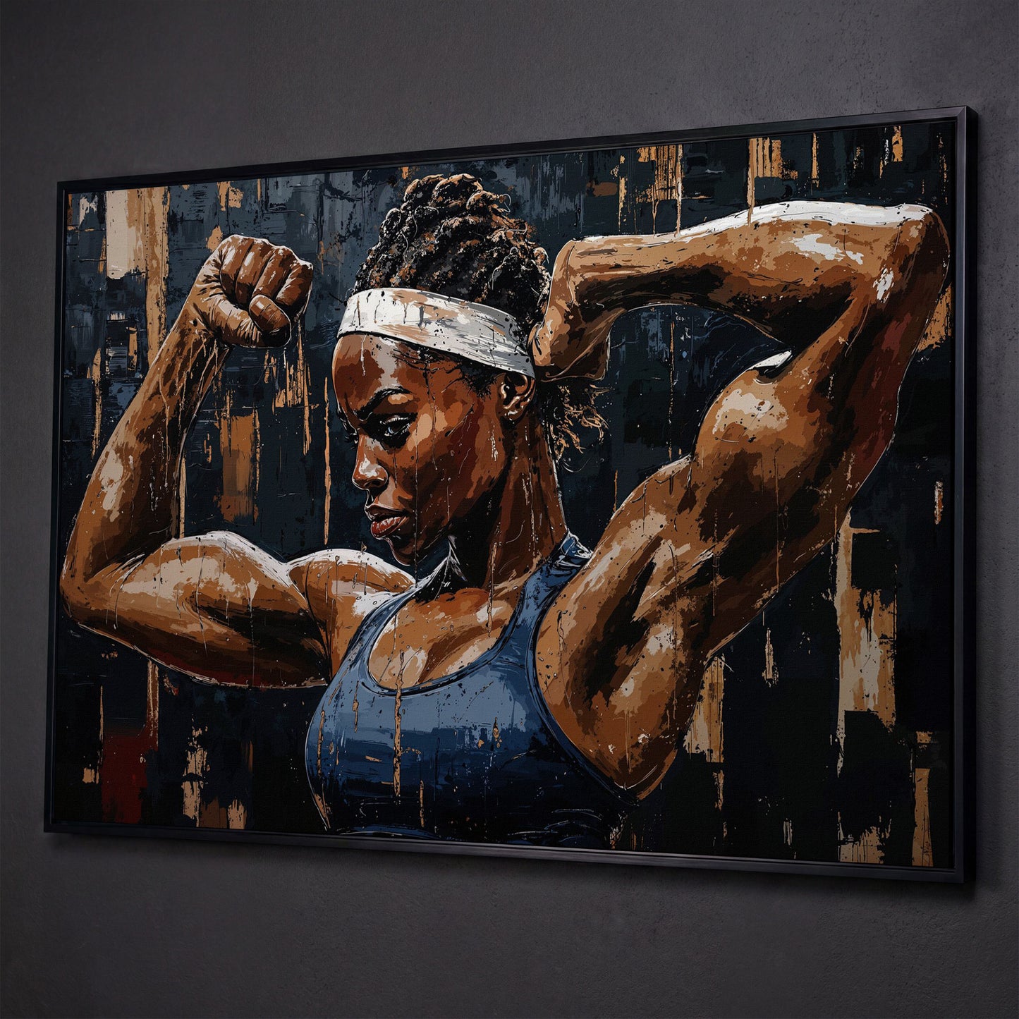 Muscular Woman Portrait Canvas Print shown in black floating frame