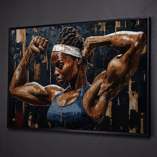 Muscular Woman Portrait Canvas Print shown in black floating frame