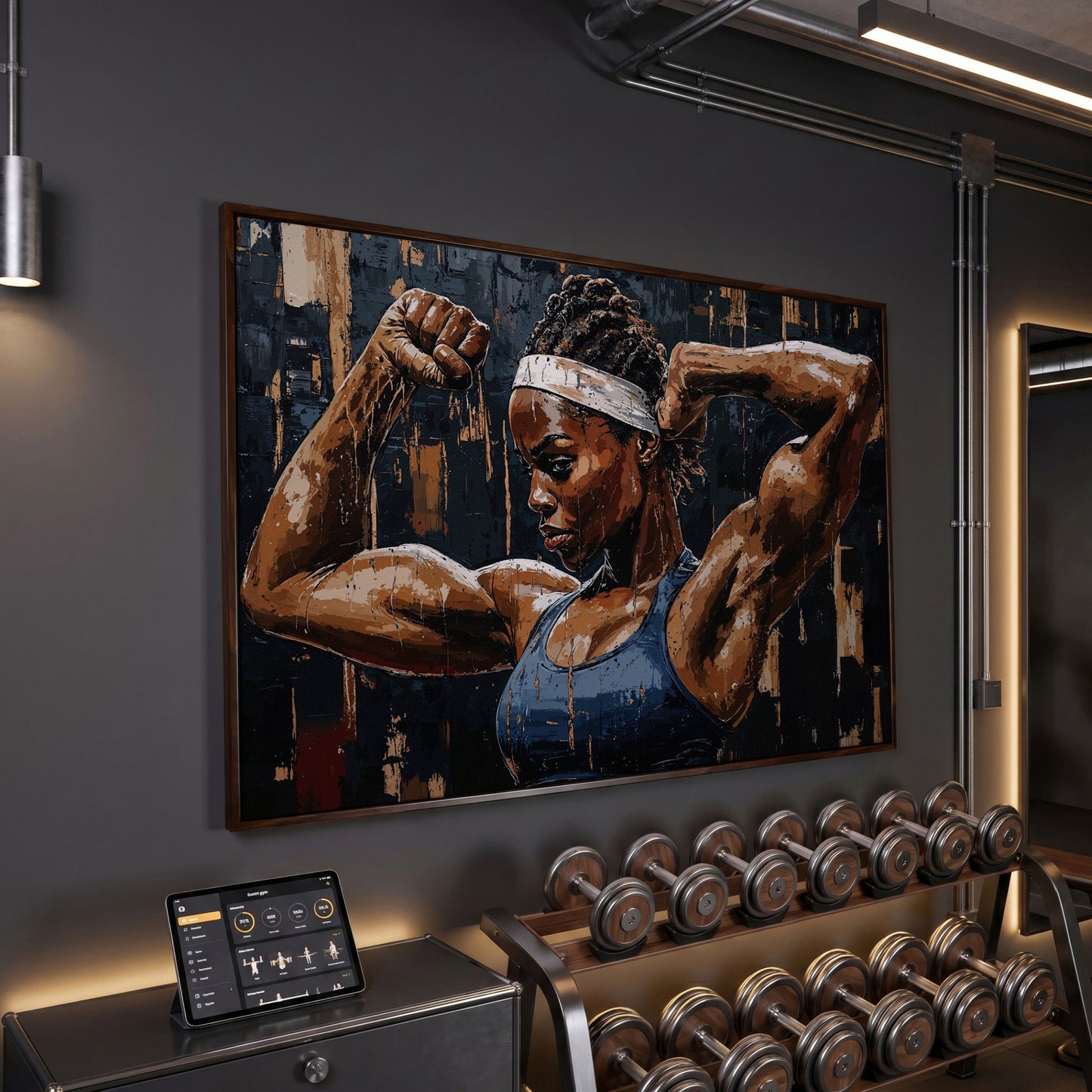 Muscular Woman Portrait Canvas Print in dark walnut floating frame