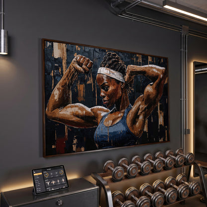Muscular Woman Portrait Canvas Print in dark walnut floating frame
