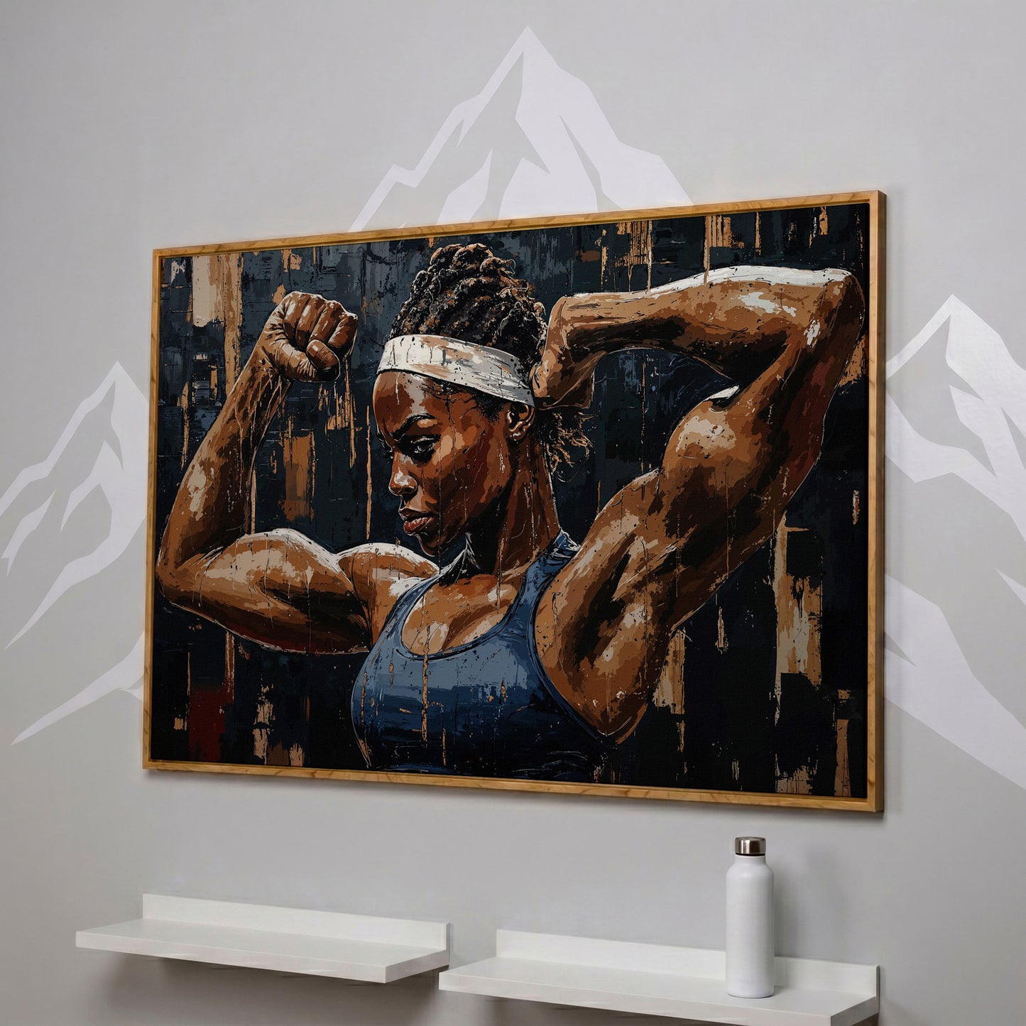 Muscular Woman Portrait Canvas Print in white oak floating frame