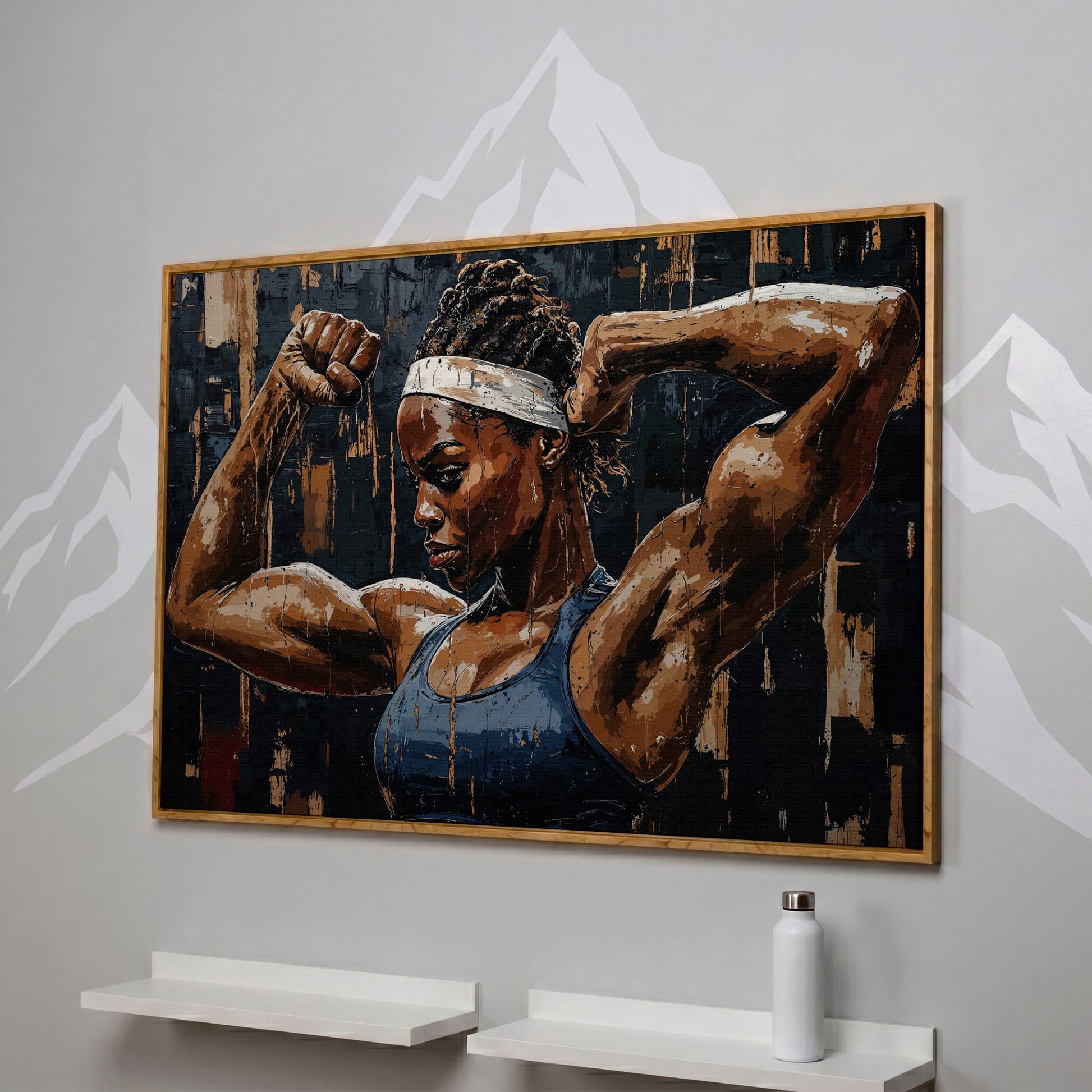 Muscular Woman Portrait Canvas Print in white oak floating frame