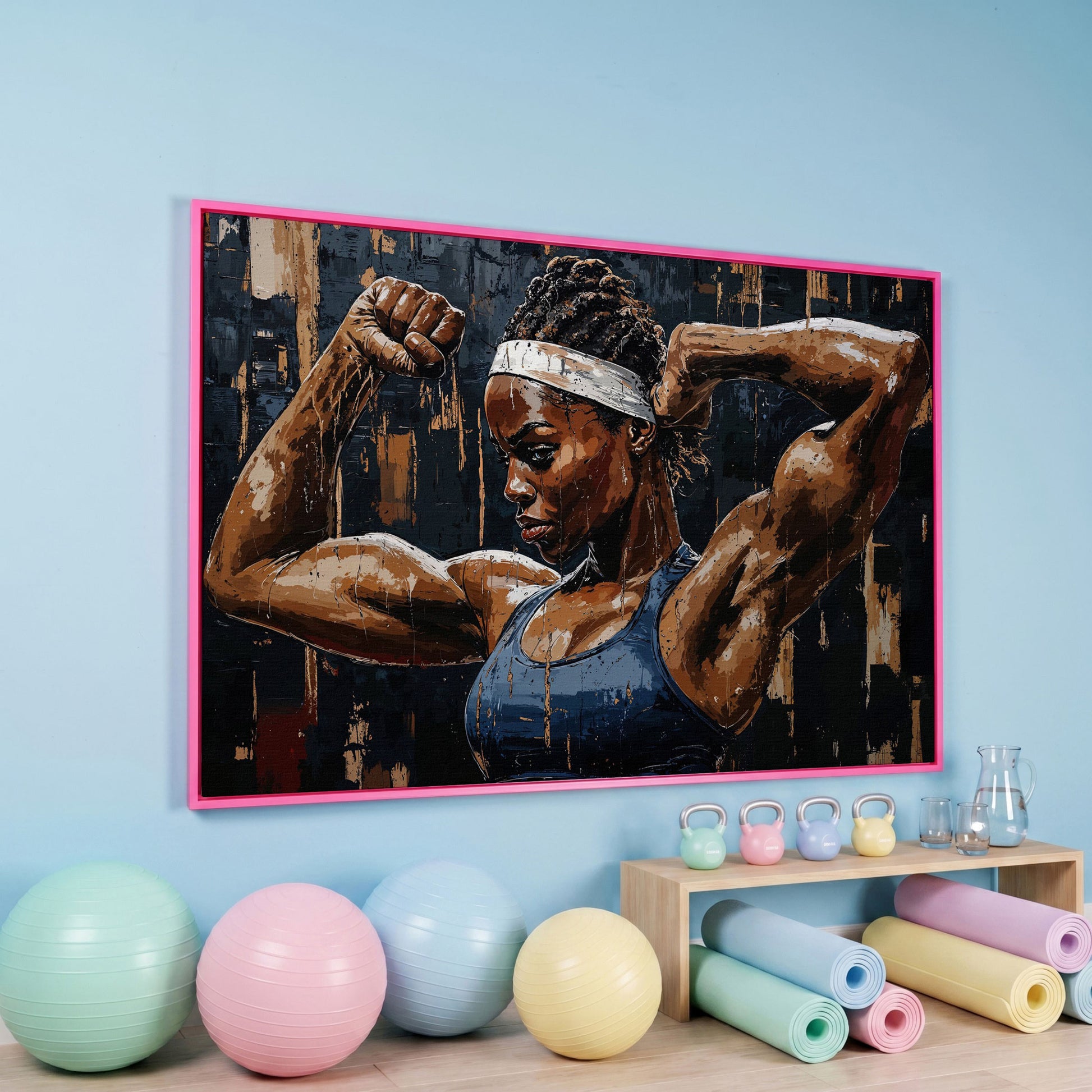 Muscular Woman Portrait Canvas Print in pink floating frame