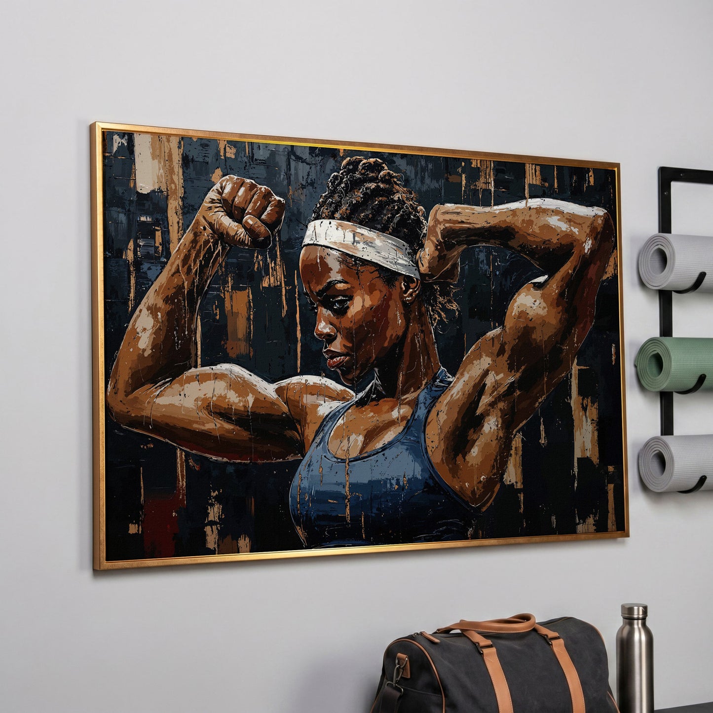 Muscular Woman Portrait Canvas Print in rose gold floating frame