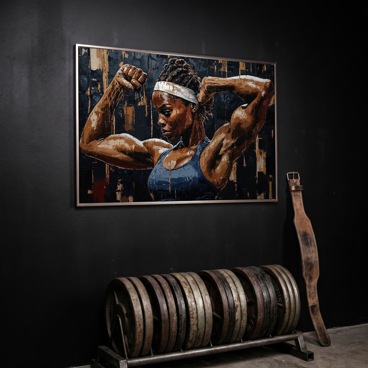 Muscular Woman Portrait Canvas Print in silver floating frame