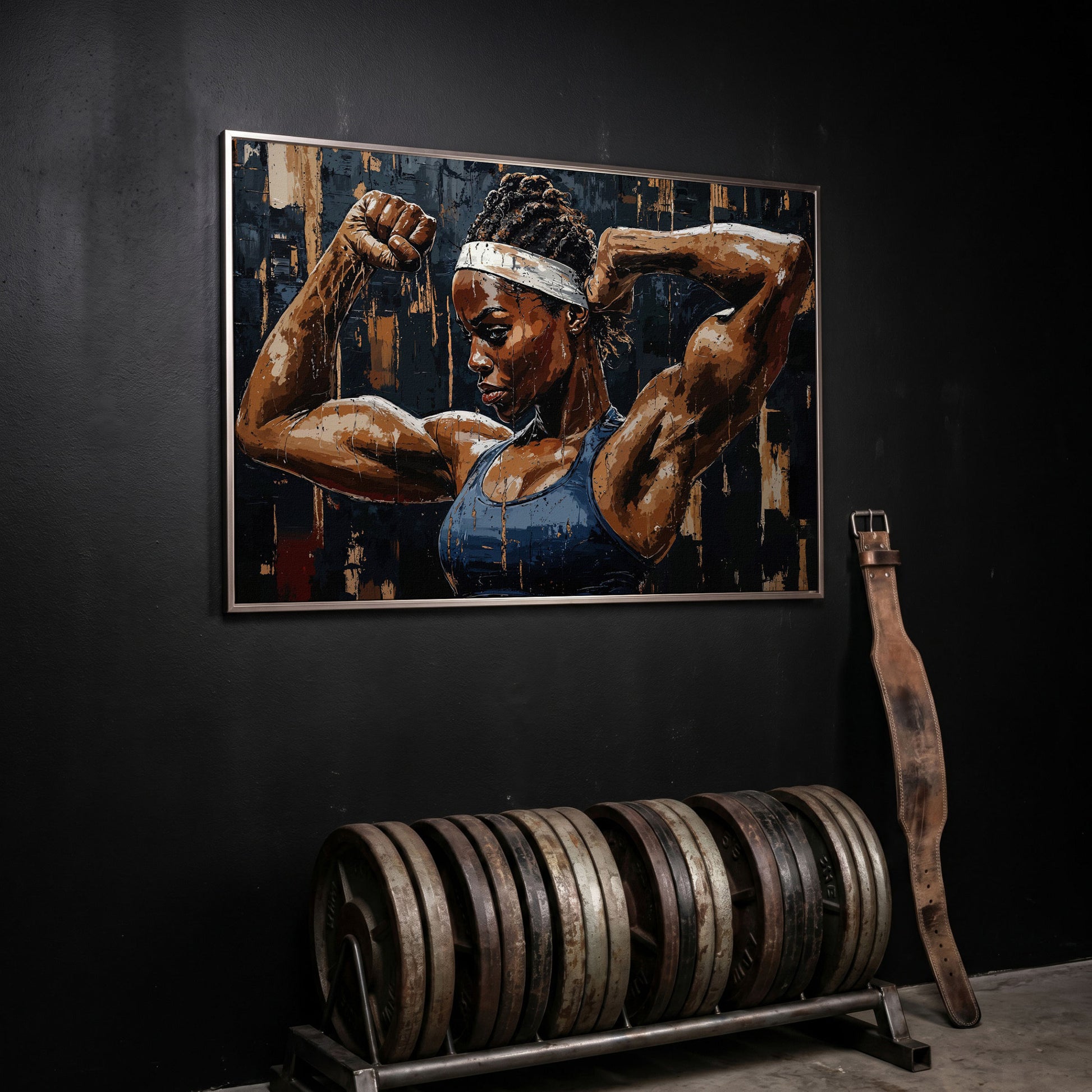 Muscular Woman Portrait Canvas Print in silver floating frame