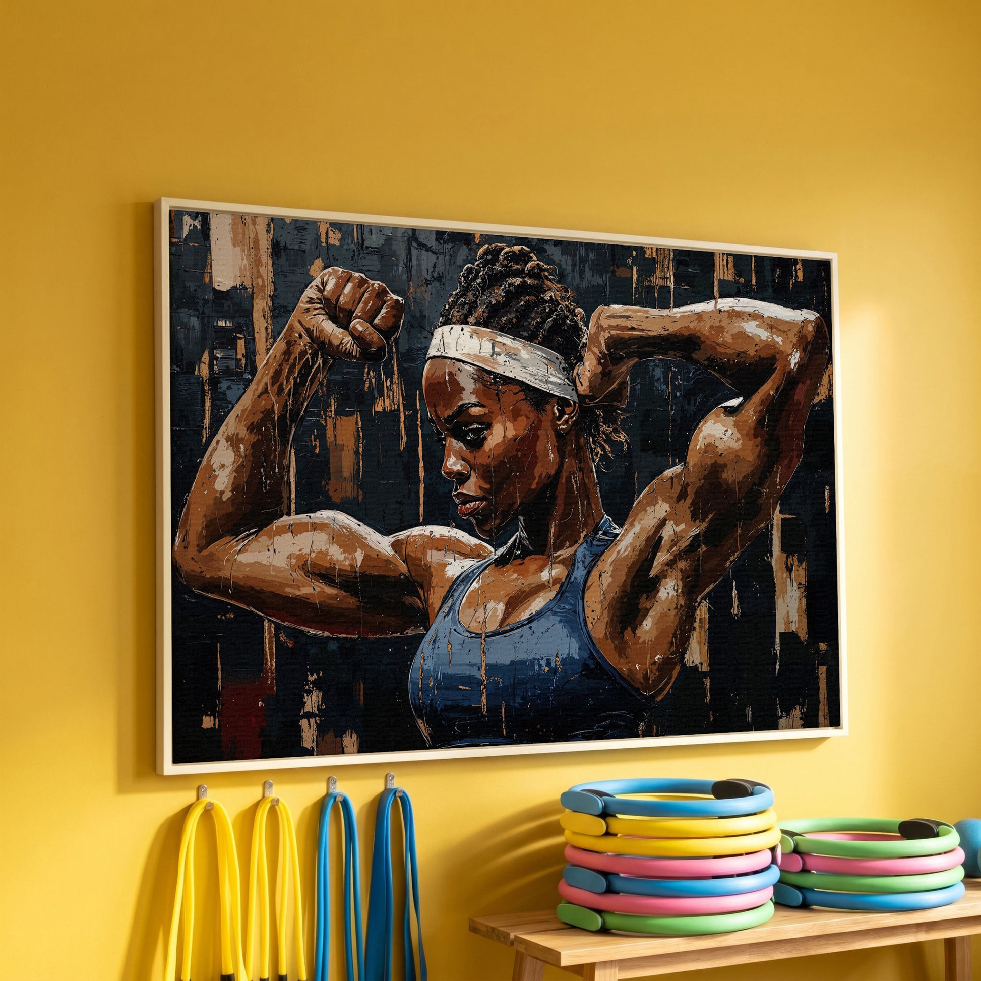 Muscular Woman Portrait Canvas Print in white floating frame