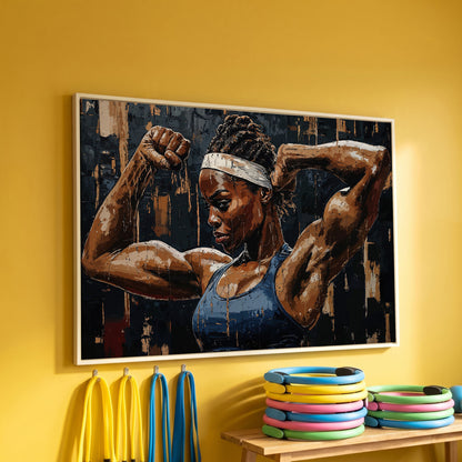Muscular Woman Portrait Canvas Print in white floating frame