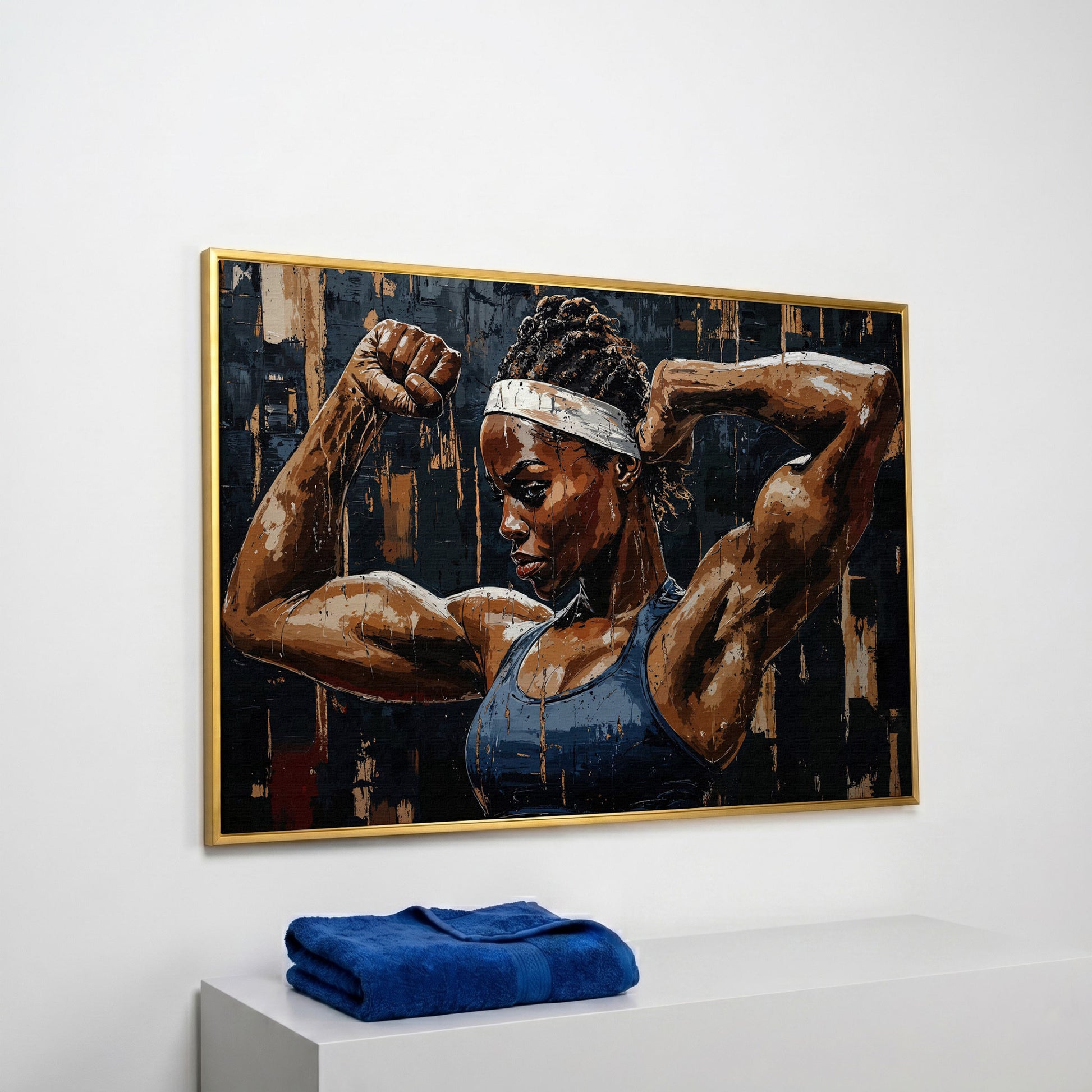 Muscular Woman Portrait Canvas Print in yellow gold floating frame