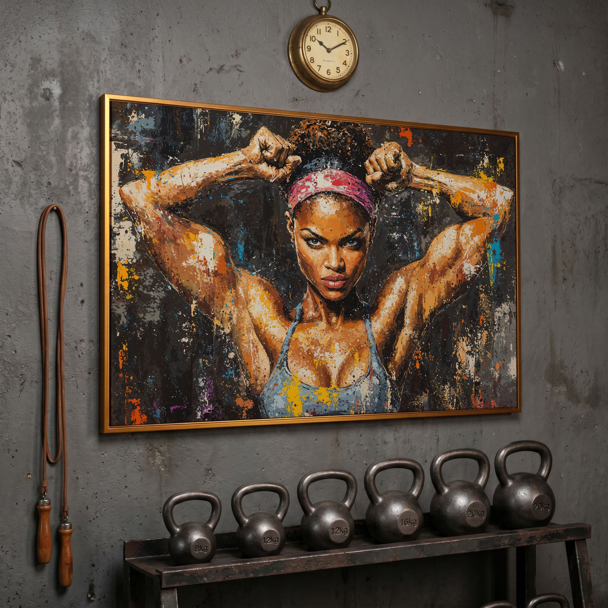 Black Girl Strength Canvas Print - Motivational Fitness Art in antique gold floating frame