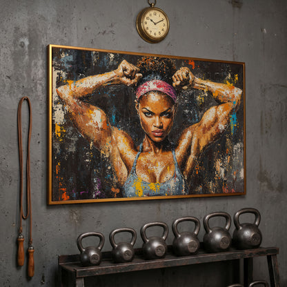 Black Girl Strength Canvas Print - Motivational Fitness Art in antique gold floating frame