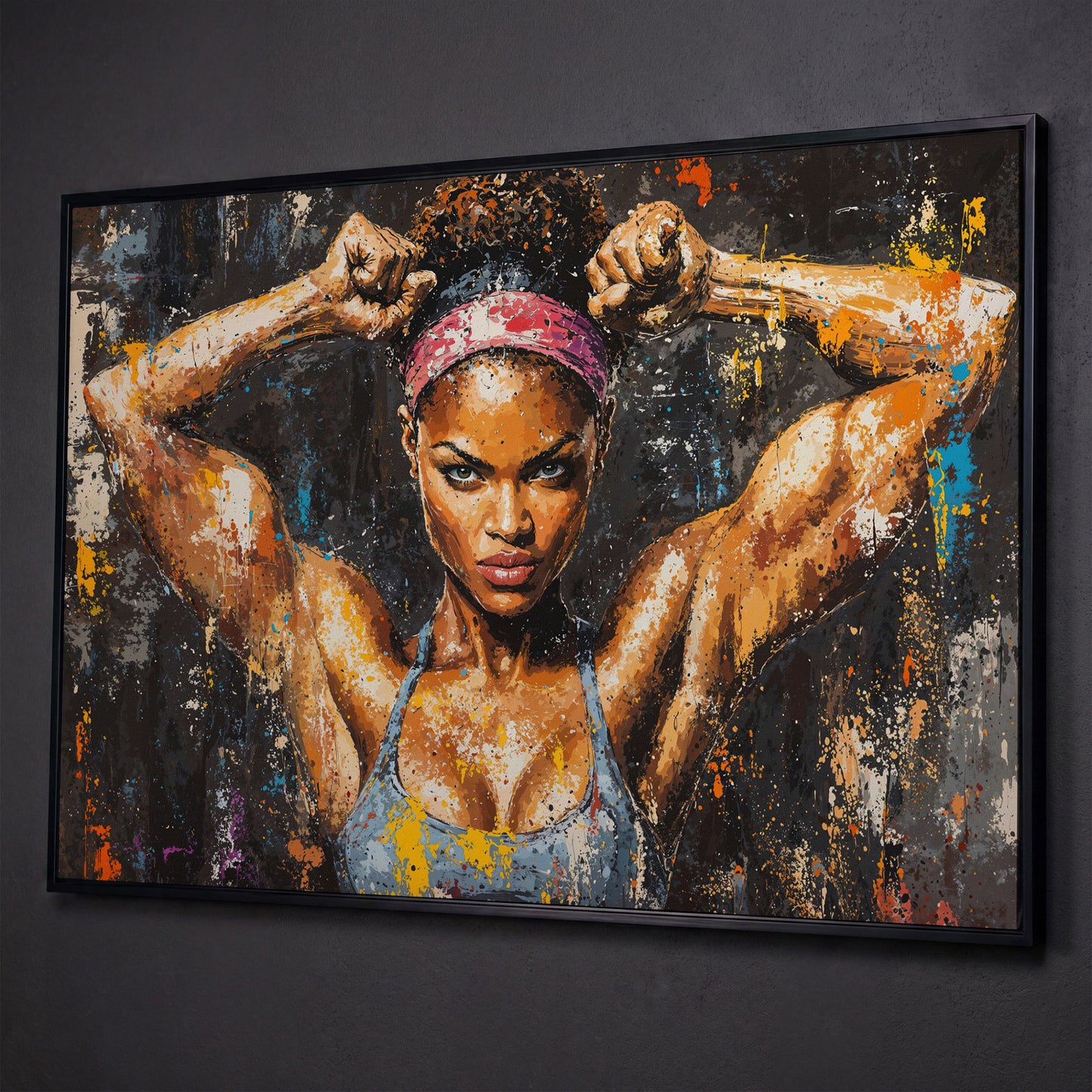 Black Girl Strength Canvas Print - Motivational Fitness Art shown in black floating frame