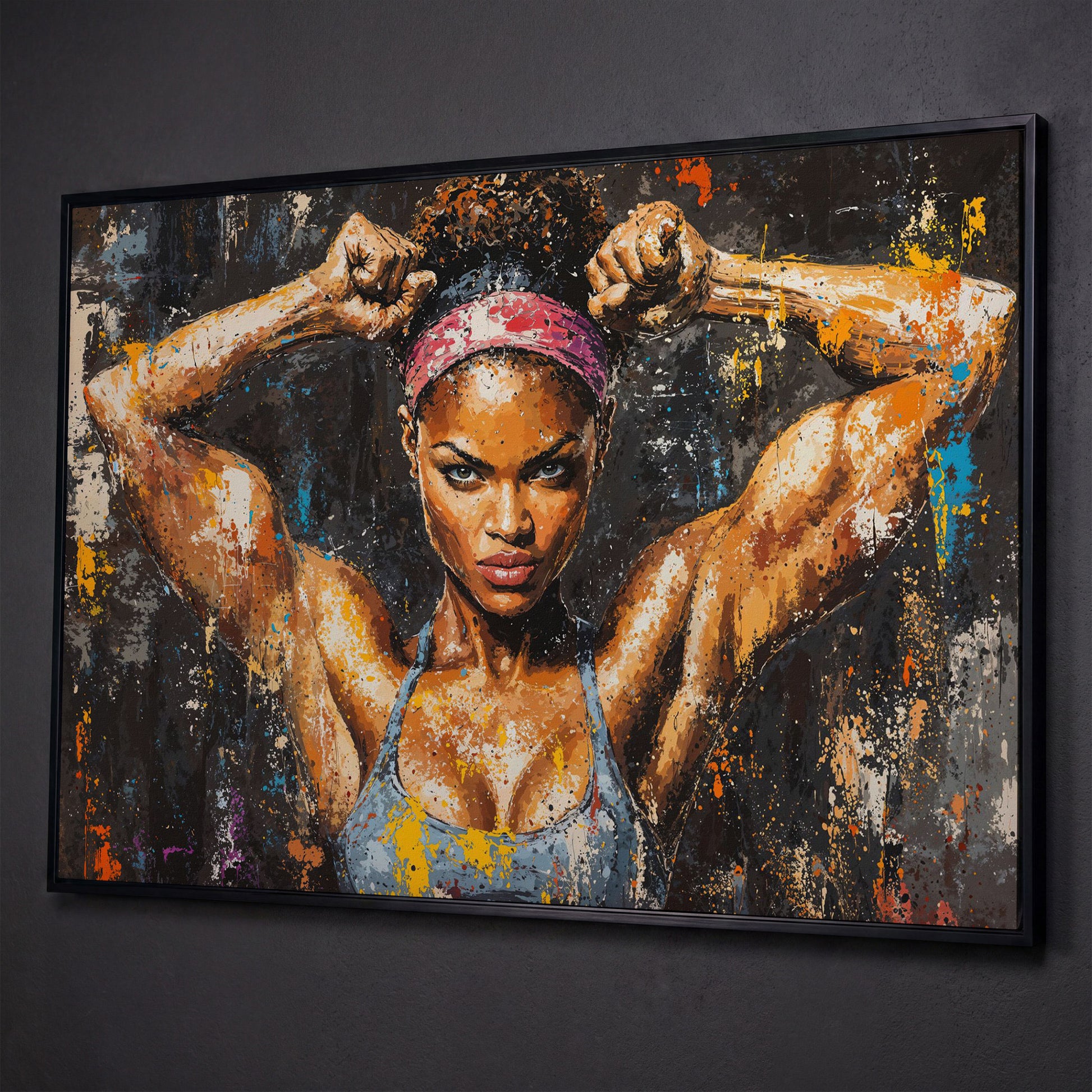 Black Girl Strength Canvas Print - Motivational Fitness Art shown in black floating frame