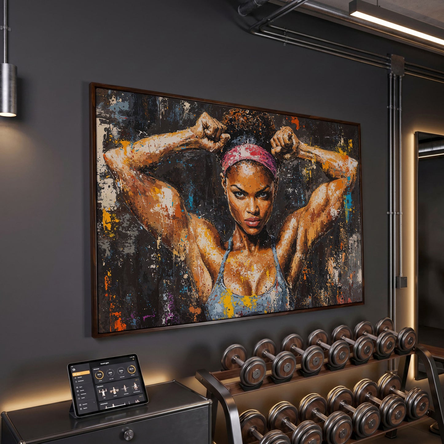 Black Girl Strength Canvas Print - Motivational Fitness Art in dark walnut floating frame
