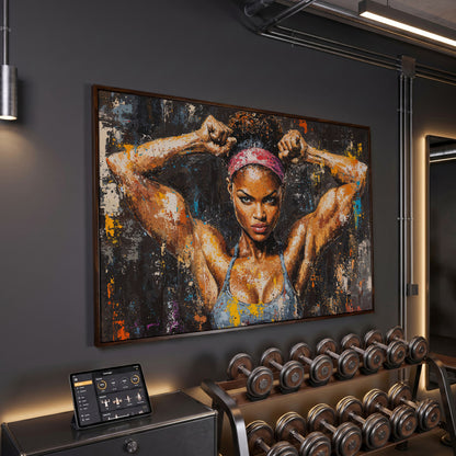 Black Girl Strength Canvas Print - Motivational Fitness Art in dark walnut floating frame