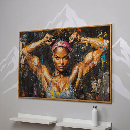 Black Girl Strength Canvas Print - Motivational Fitness Art in white oak floating frame