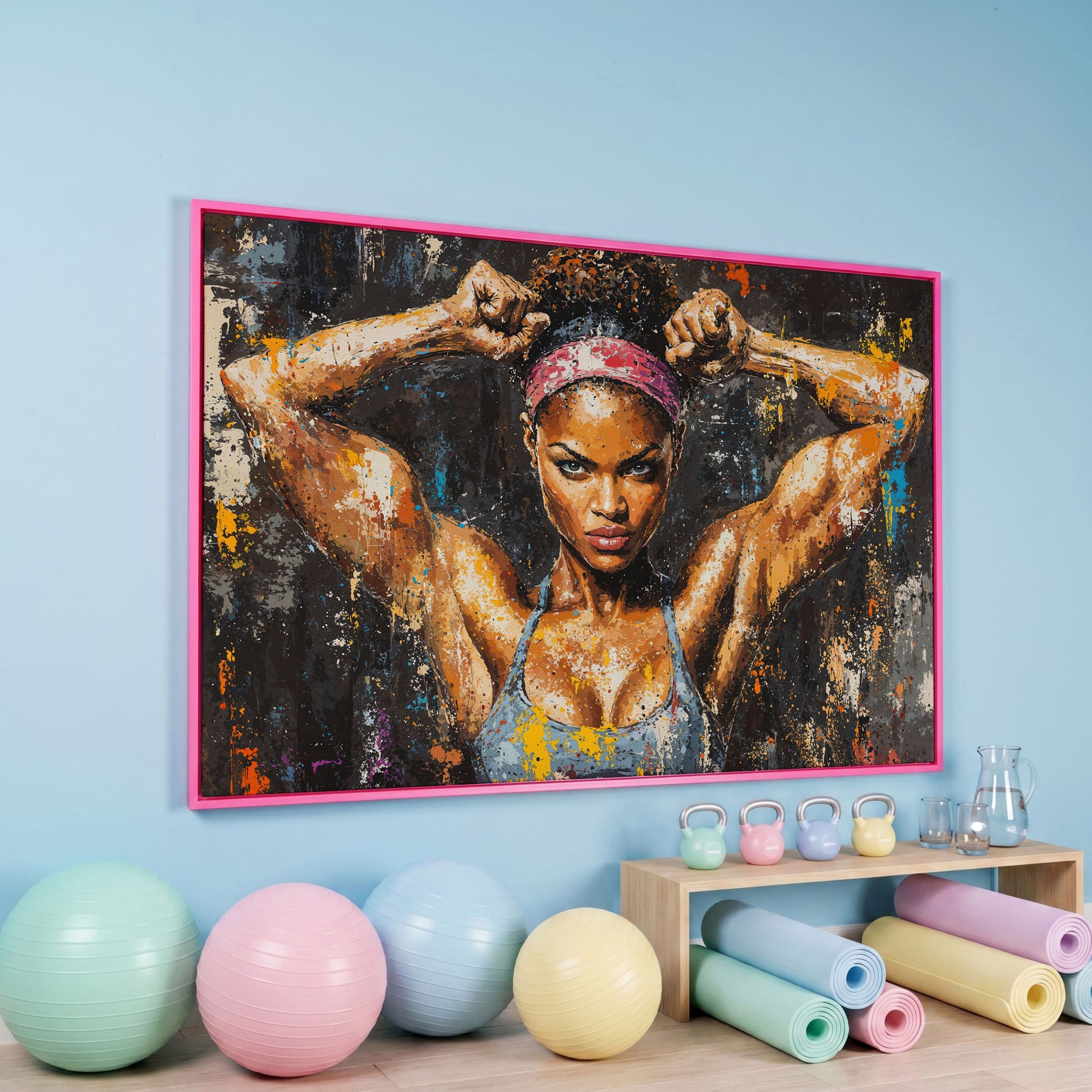 Black Girl Strength Canvas Print - Motivational Fitness Art in pink floating frame