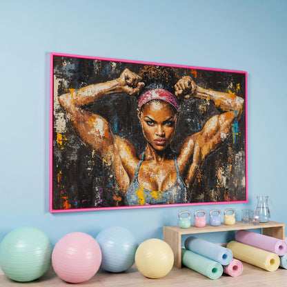 Black Girl Strength Canvas Print - Motivational Fitness Art in pink floating frame