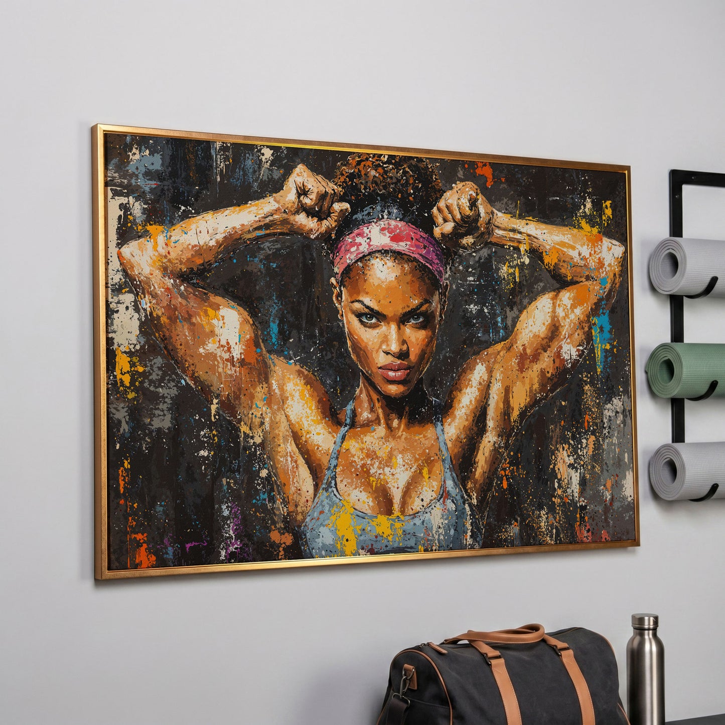 Black Girl Strength Canvas Print - Motivational Fitness Art in rose gold floating frame