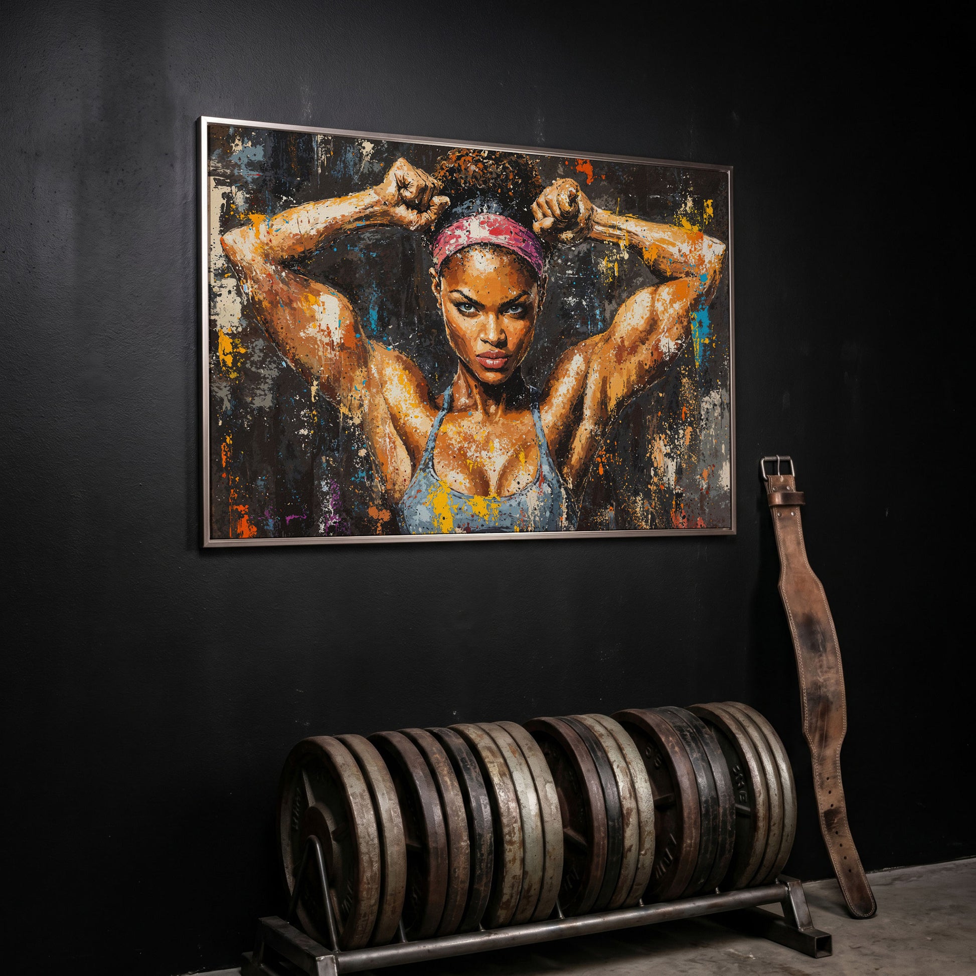 Black Girl Strength Canvas Print - Motivational Fitness Art in silver floating frame