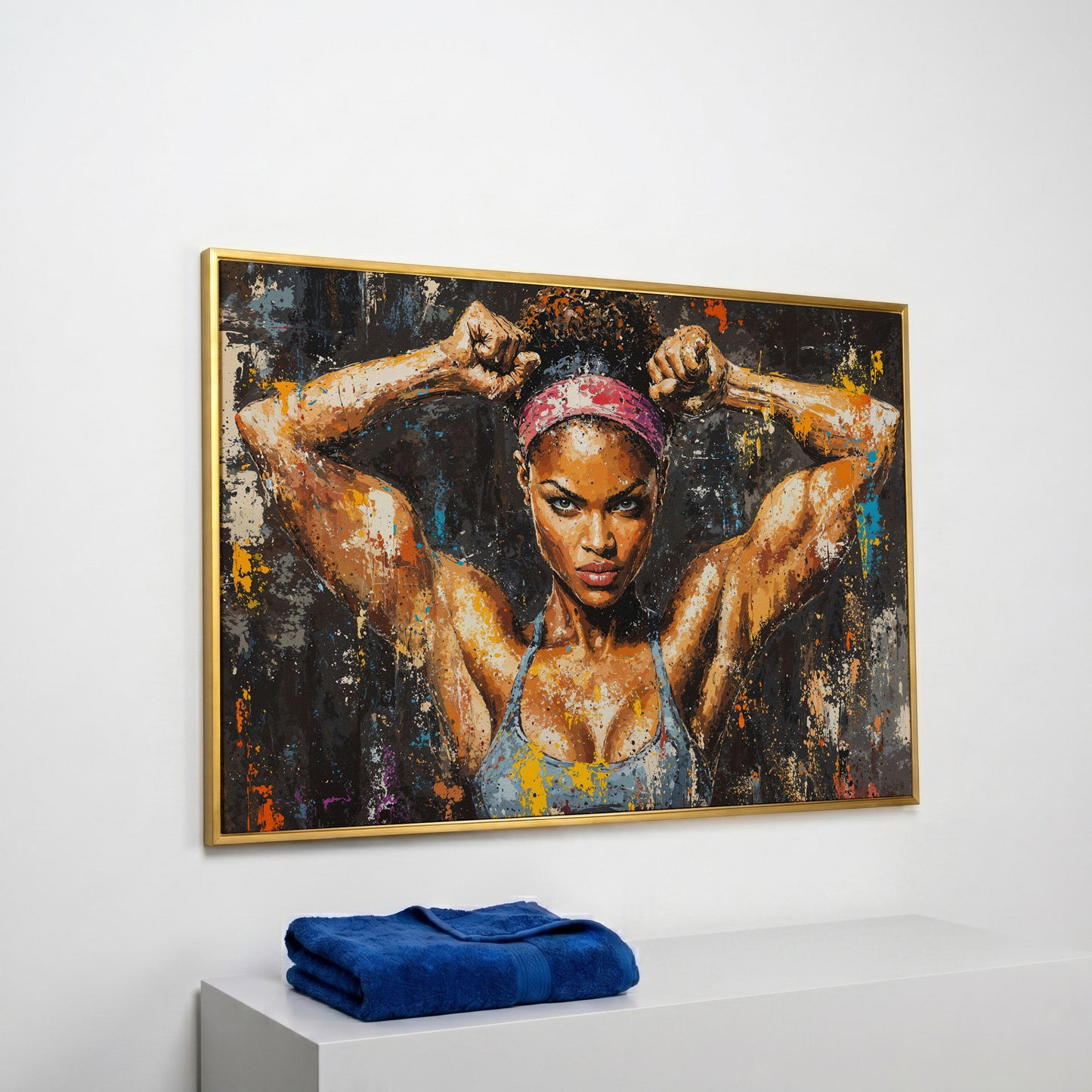 Black Girl Strength Canvas Print - Motivational Fitness Art in yellow gold floating frame