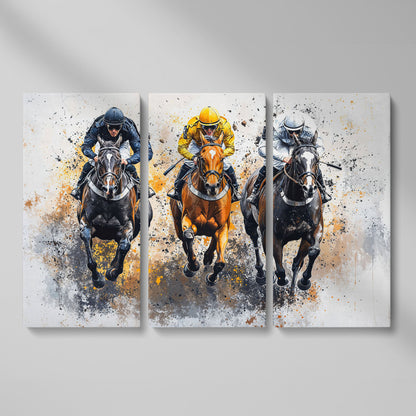 Horse Racing Canvas. Modern Equestrian Wall Art as 3-panel split version