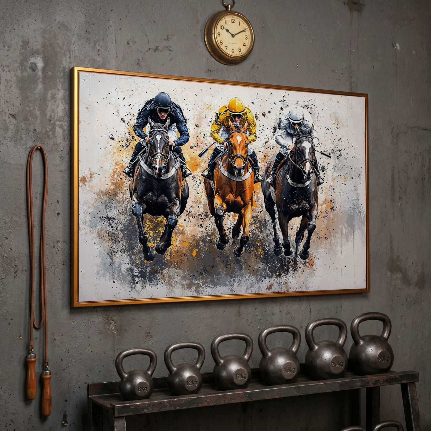 Horse Racing Canvas. Modern Equestrian Wall Art in antique gold floating frame