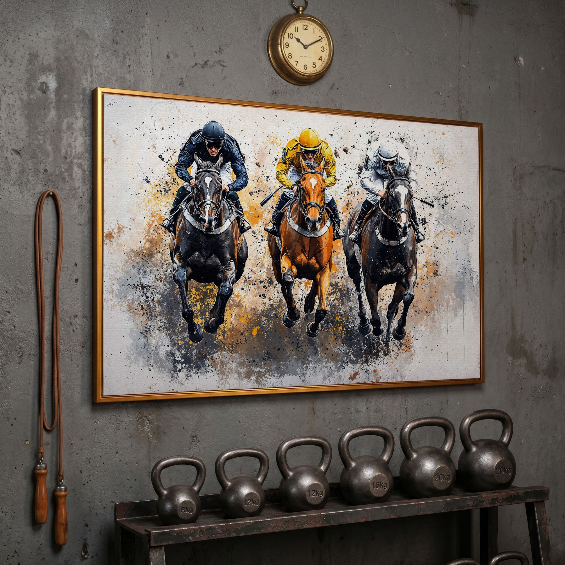 Horse Racing Canvas. Modern Equestrian Wall Art in antique gold floating frame