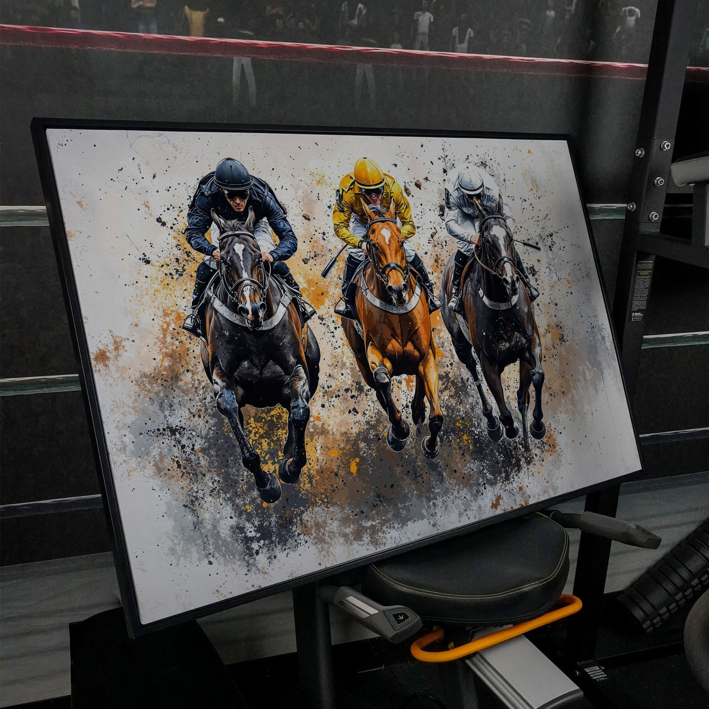 Horse Racing Canvas. Modern Equestrian Wall Art in black floating frame