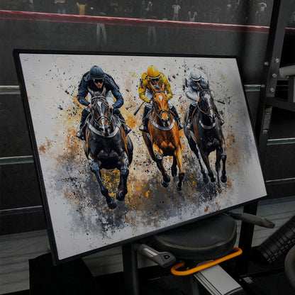 Horse Racing Canvas. Modern Equestrian Wall Art in black floating frame