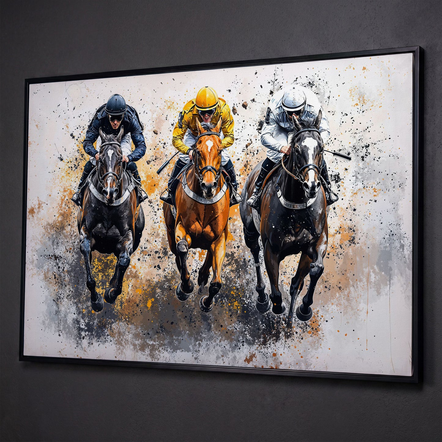 Horse Racing Canvas. Modern Equestrian Wall Art shown in black floating frame