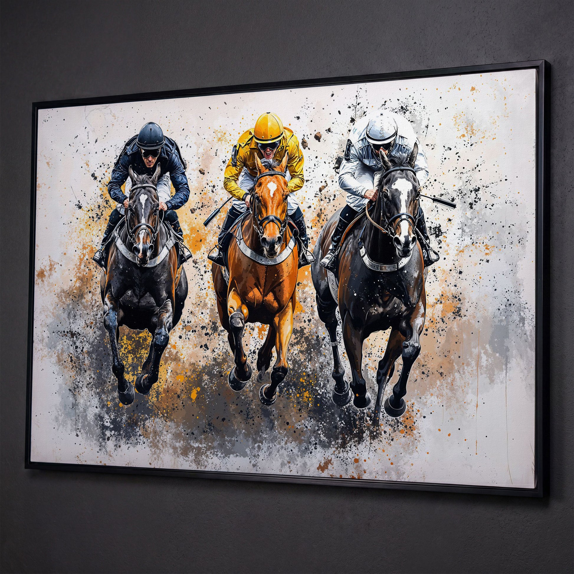 Horse Racing Canvas. Modern Equestrian Wall Art shown in black floating frame