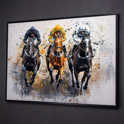 Horse Racing Canvas. Modern Equestrian Wall Art shown in black floating frame