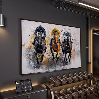Horse Racing Canvas. Modern Equestrian Wall Art in dark walnut floating frame